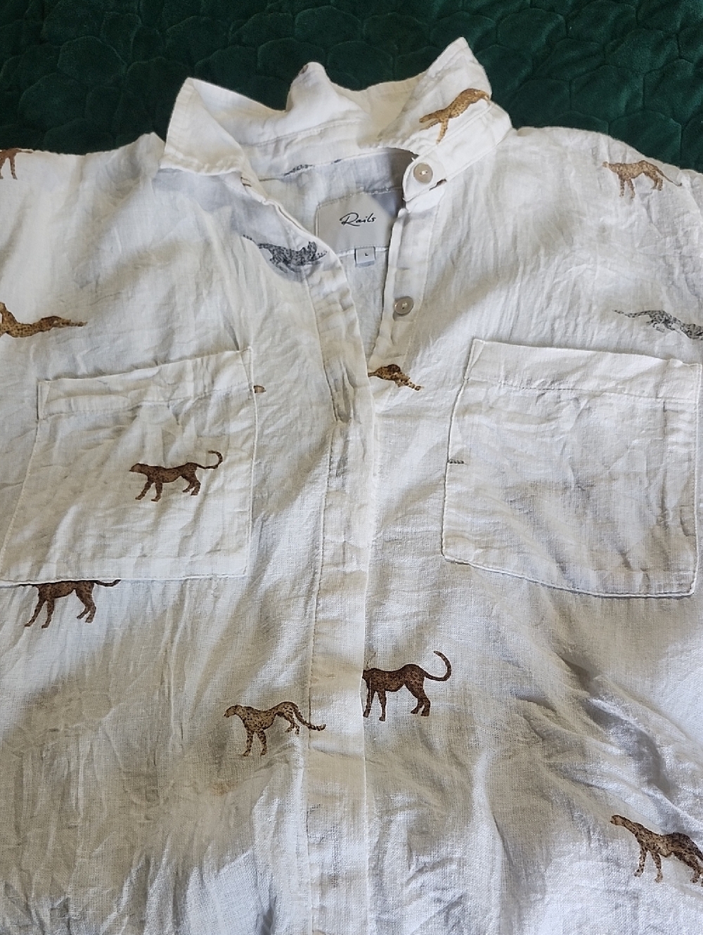 Rails White Short-Sleeve Button-Down Shirt with Brown cheetahs